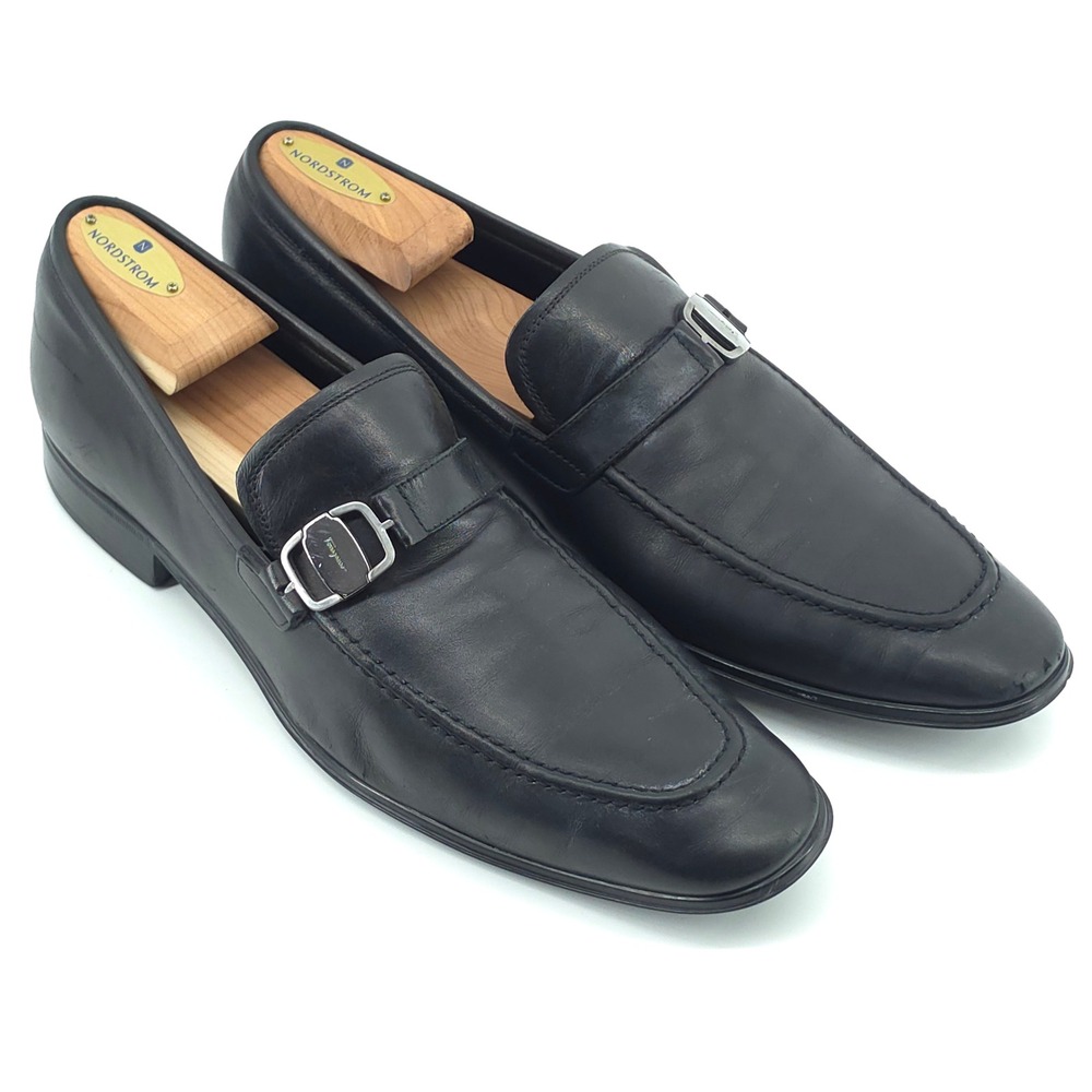 Salvatore Ferragamo Mens Black Leather Buckle Loafers Size 9 D Made in Italy